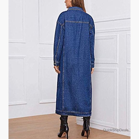Women's Denim Jacket Trench Coat Button Down Midi Long - Picture 4 of 5
